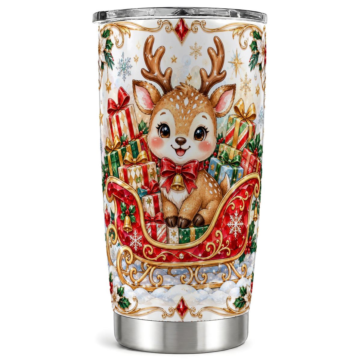 Sleigh Reindeer Tumbler 20oz, Holiday Tumbler, Stainless Steel Travel Cup