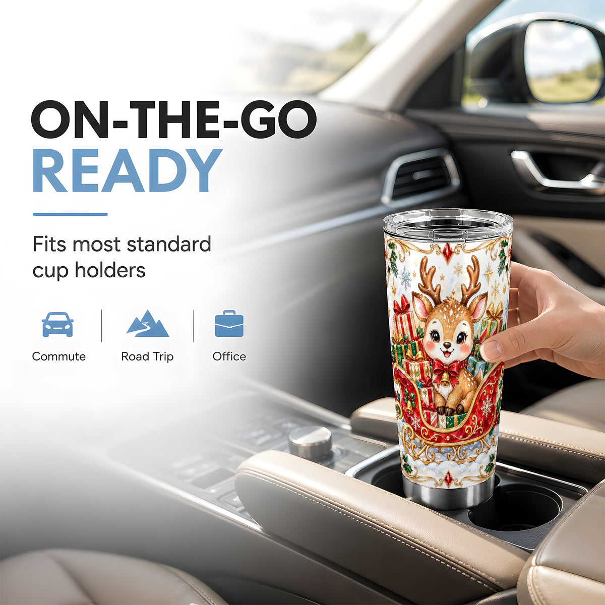 Sleigh Reindeer Tumbler 20oz, Holiday Tumbler, Stainless Steel Travel Cup