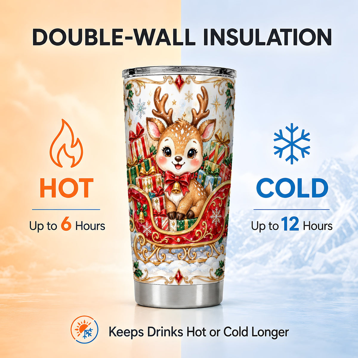 Sleigh Reindeer Tumbler 20oz, Holiday Tumbler, Stainless Steel Travel Cup