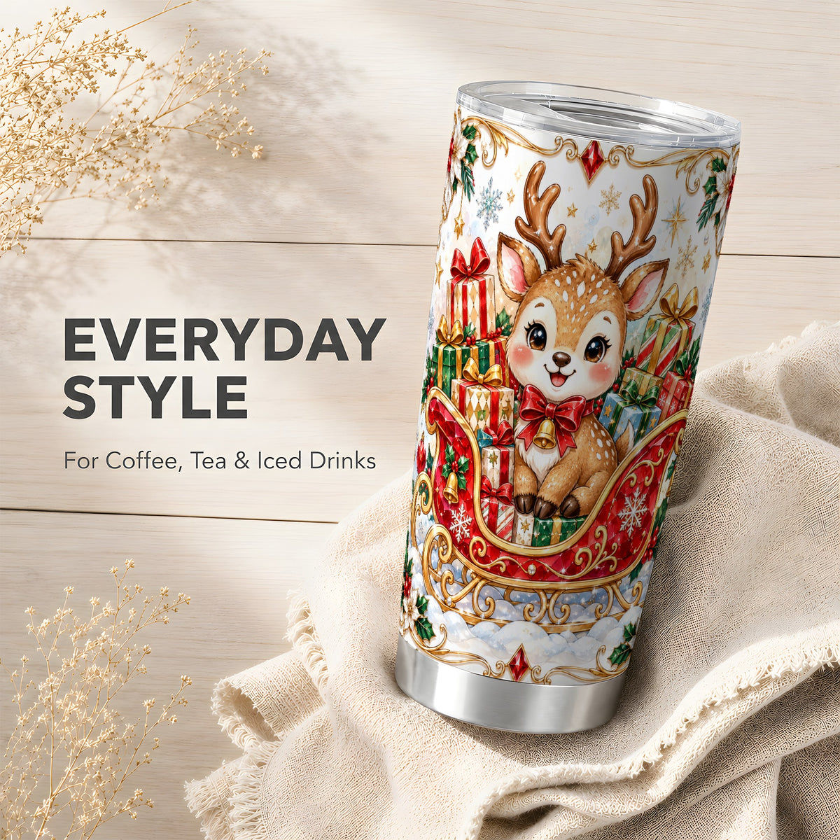 Sleigh Reindeer Tumbler 20oz, Holiday Tumbler, Stainless Steel Travel Cup