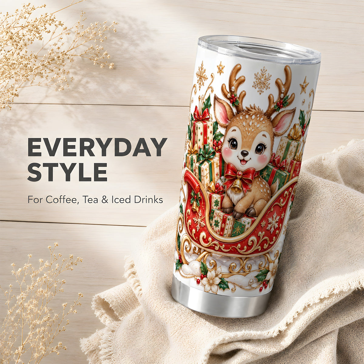 Christmas Reindeer Tumbler 20oz, Holiday Deer Stainless Steel Travel Cup