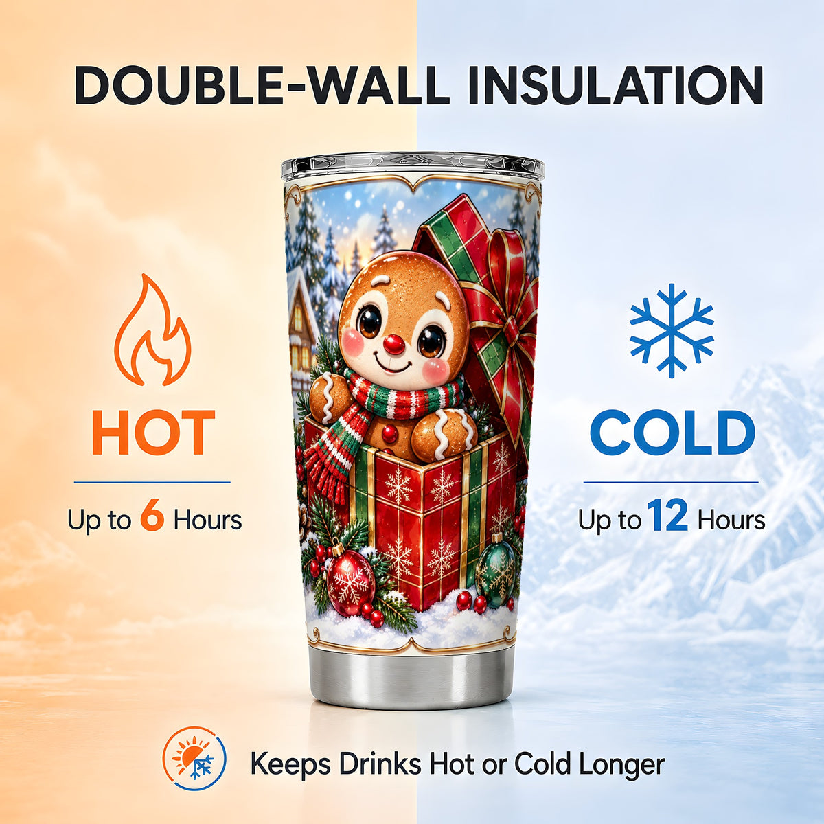 Christmas Gingerbread Tumbler 20oz, Cookie Stainless Steel Travel Cup