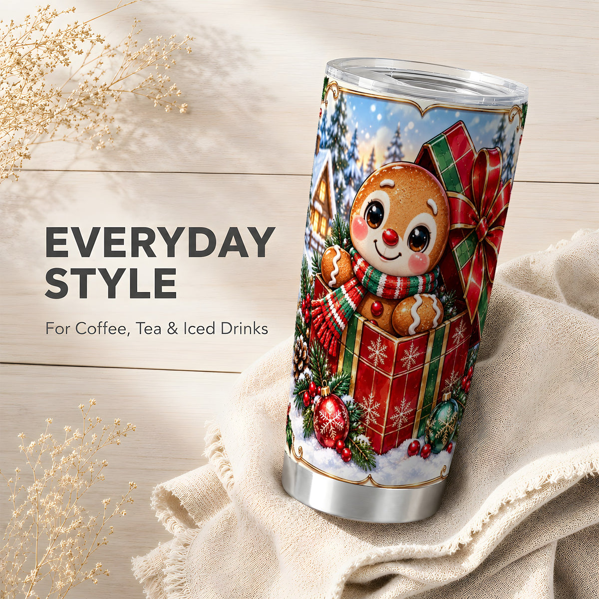 Christmas Gingerbread Tumbler 20oz, Cookie Stainless Steel Travel Cup