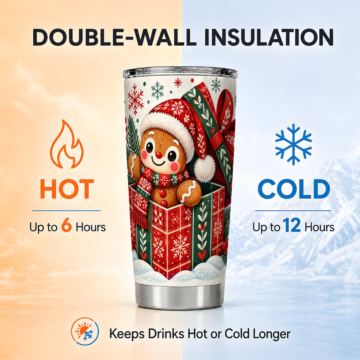 Christmas Gingerbread Tumbler 20oz, Folk Cookie Stainless Steel Travel Cup