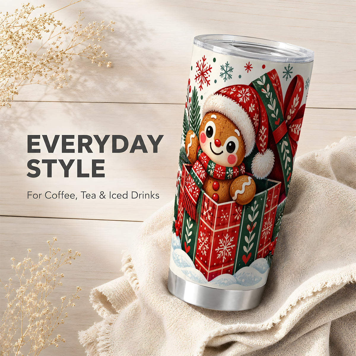 Christmas Gingerbread Tumbler 20oz, Folk Cookie Stainless Steel Travel Cup