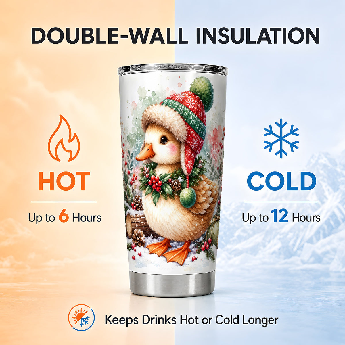 Christmas Duck Tumbler 20oz, Watercolor Duck Stainless Steel Travel Cup