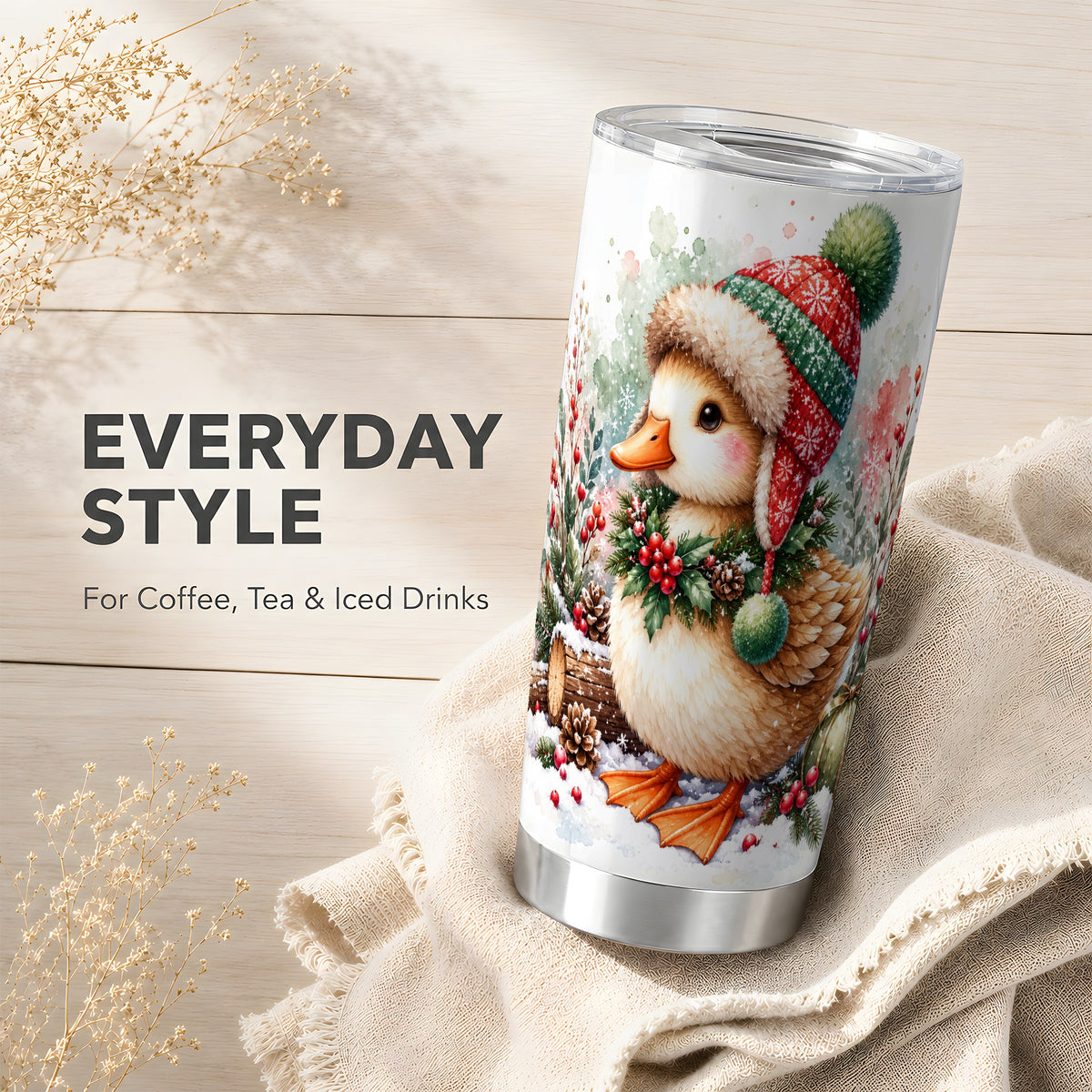 Christmas Duck Tumbler 20oz, Watercolor Duck Stainless Steel Travel Cup