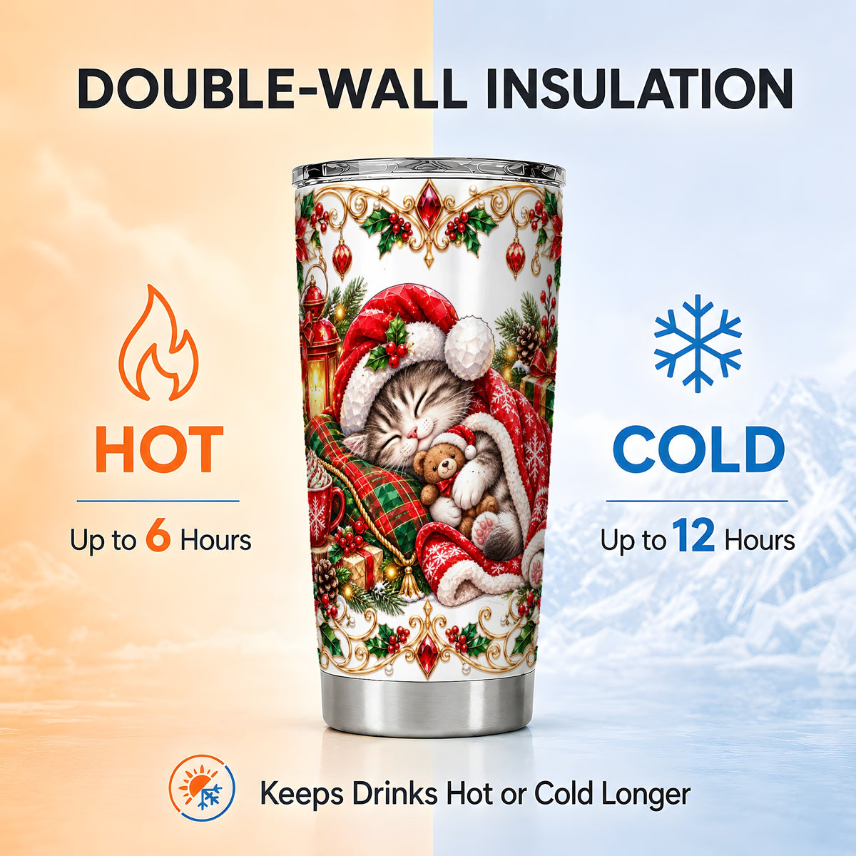 Christmas Cat 20oz Tumbler, Stainless Steel Holiday Travel Cup