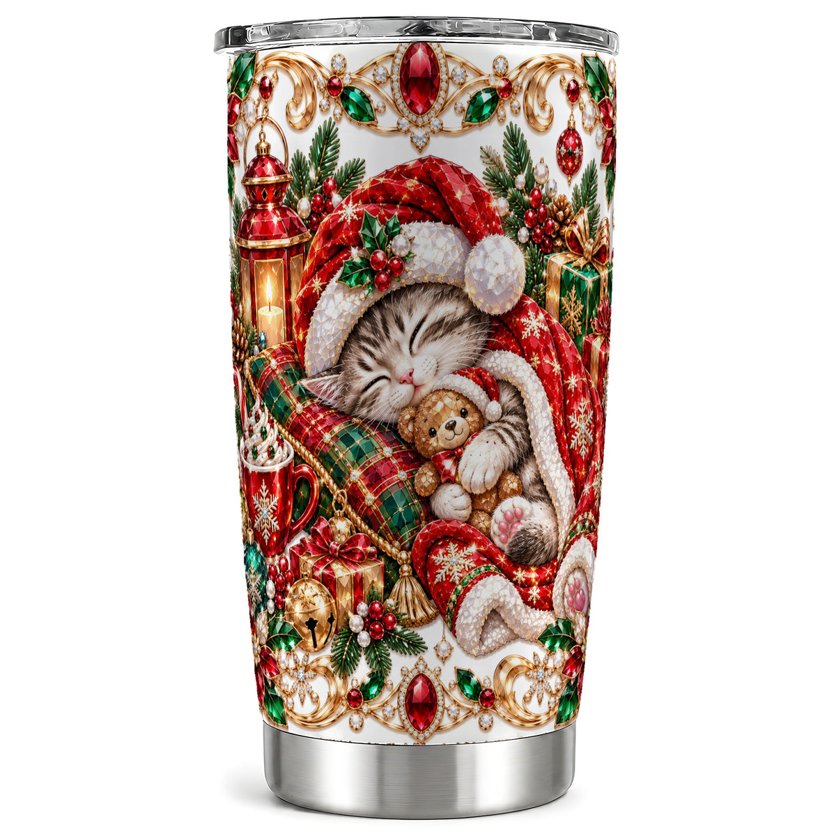 Ornate Christmas Cat 20oz Tumbler, Stainless Steel Travel Cup