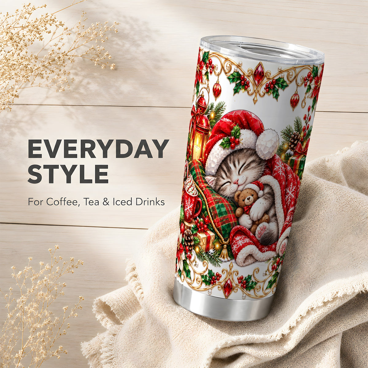 Christmas Cat 20oz Tumbler, Stainless Steel Holiday Travel Cup