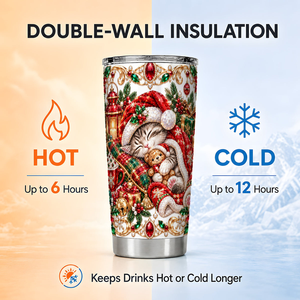 Ornate Christmas Cat 20oz Tumbler, Stainless Steel Travel Cup