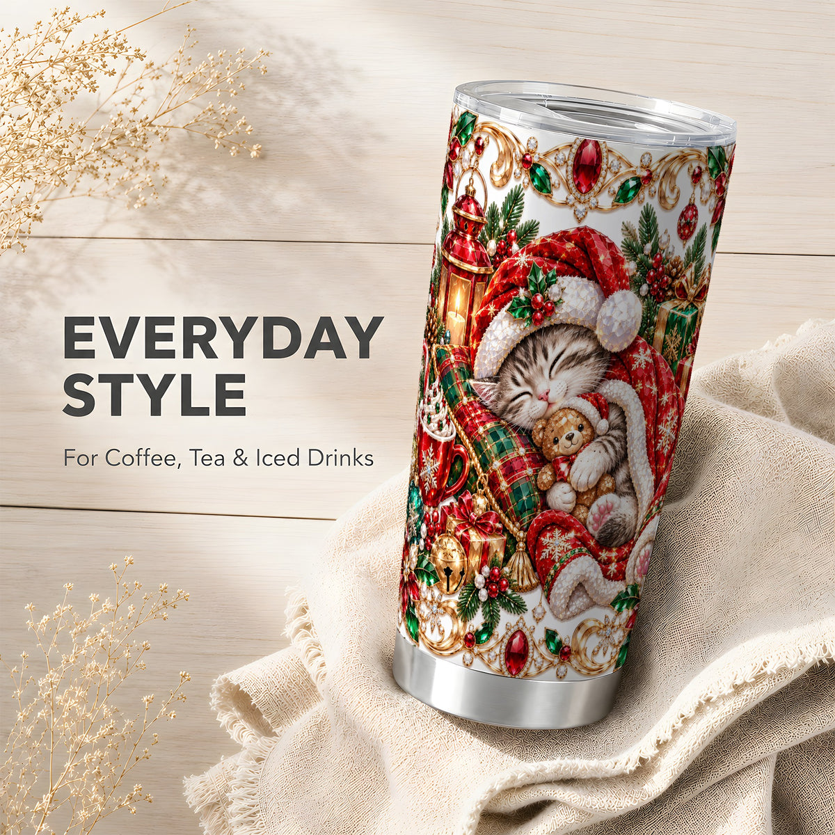 Ornate Christmas Cat 20oz Tumbler, Stainless Steel Travel Cup