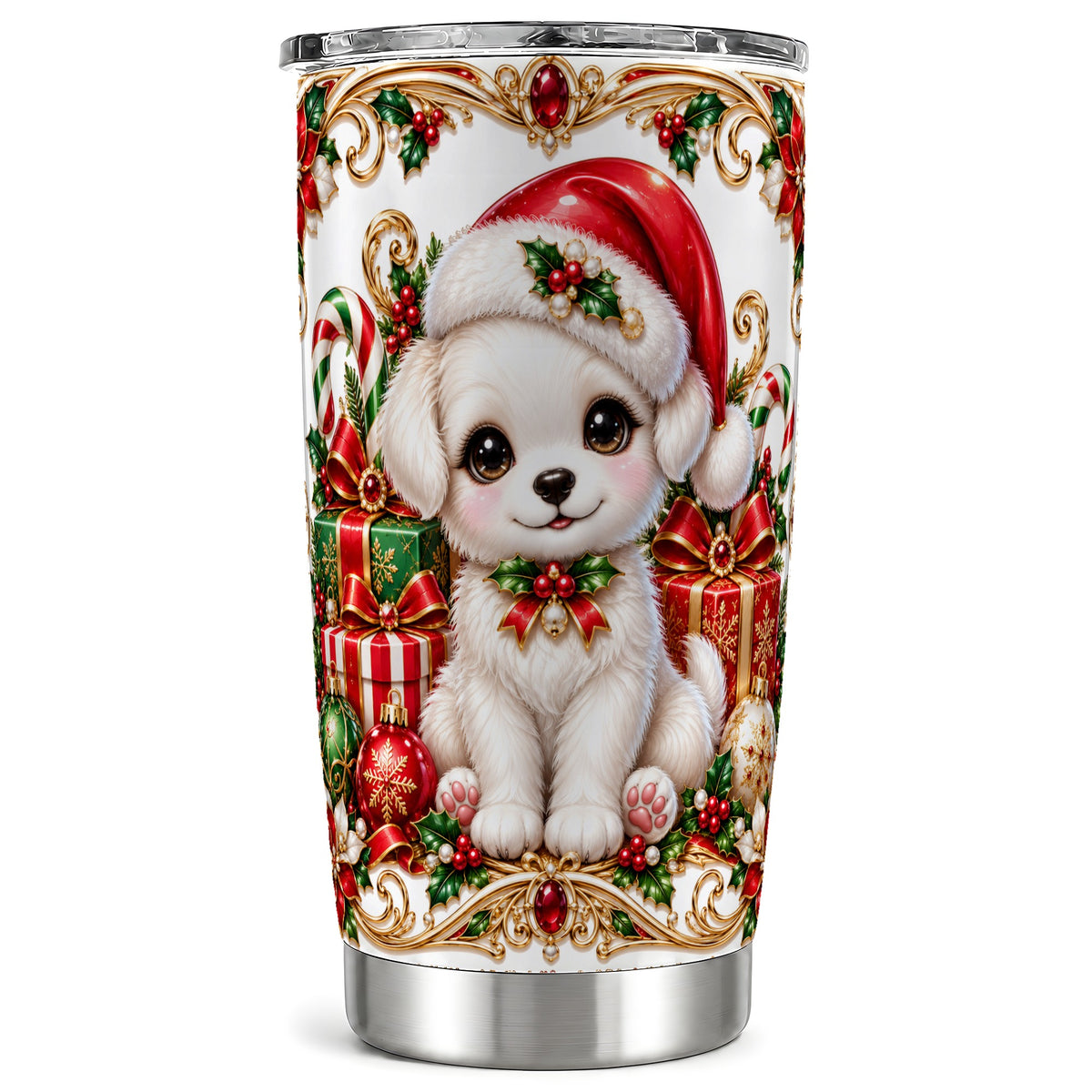 Christmas Puppy 20oz Tumbler, Stainless Steel Holiday Travel Cup