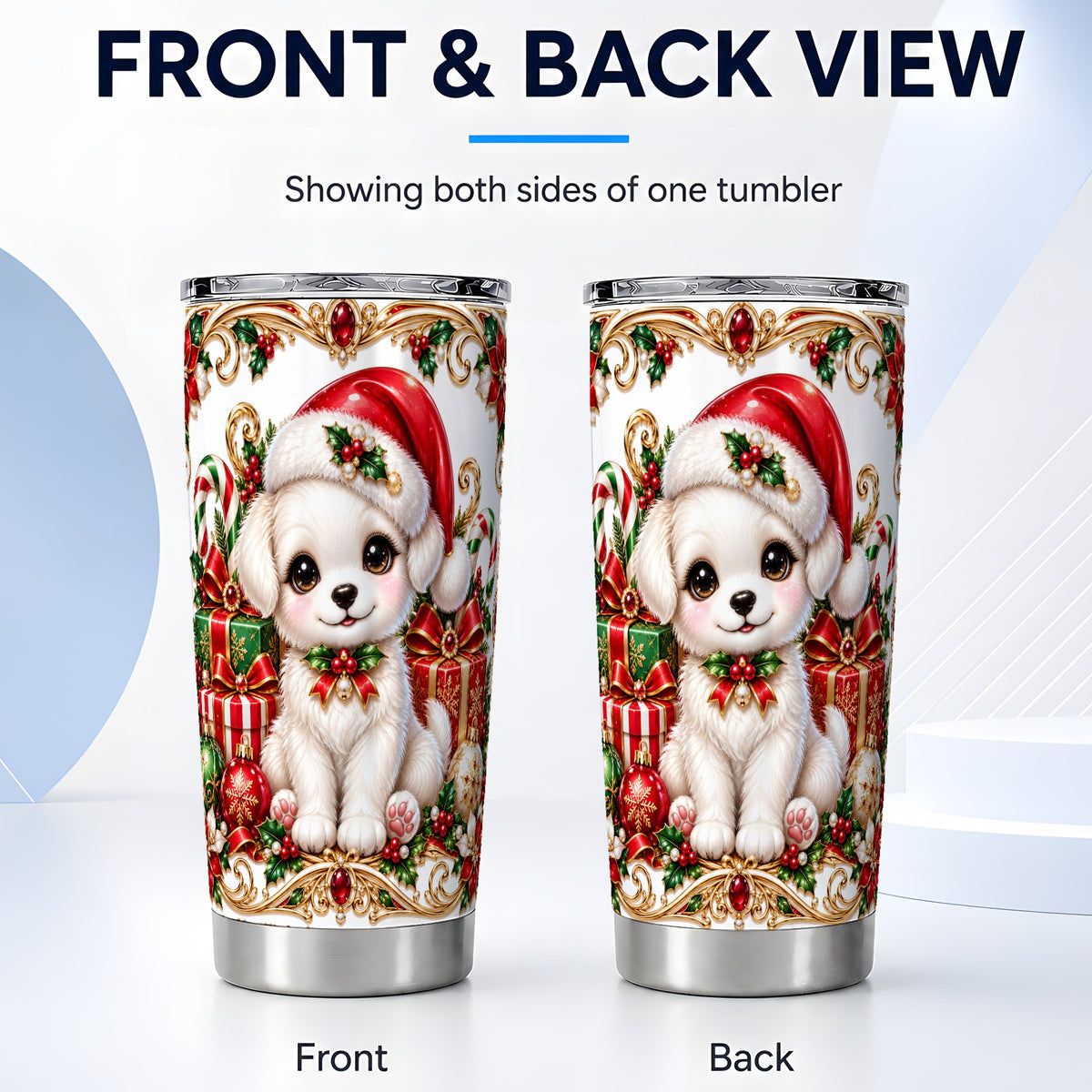 #pl[20oz|Steel] Christmas Puppy 20oz Tumbler, Stainless Steel Holiday Travel Cup