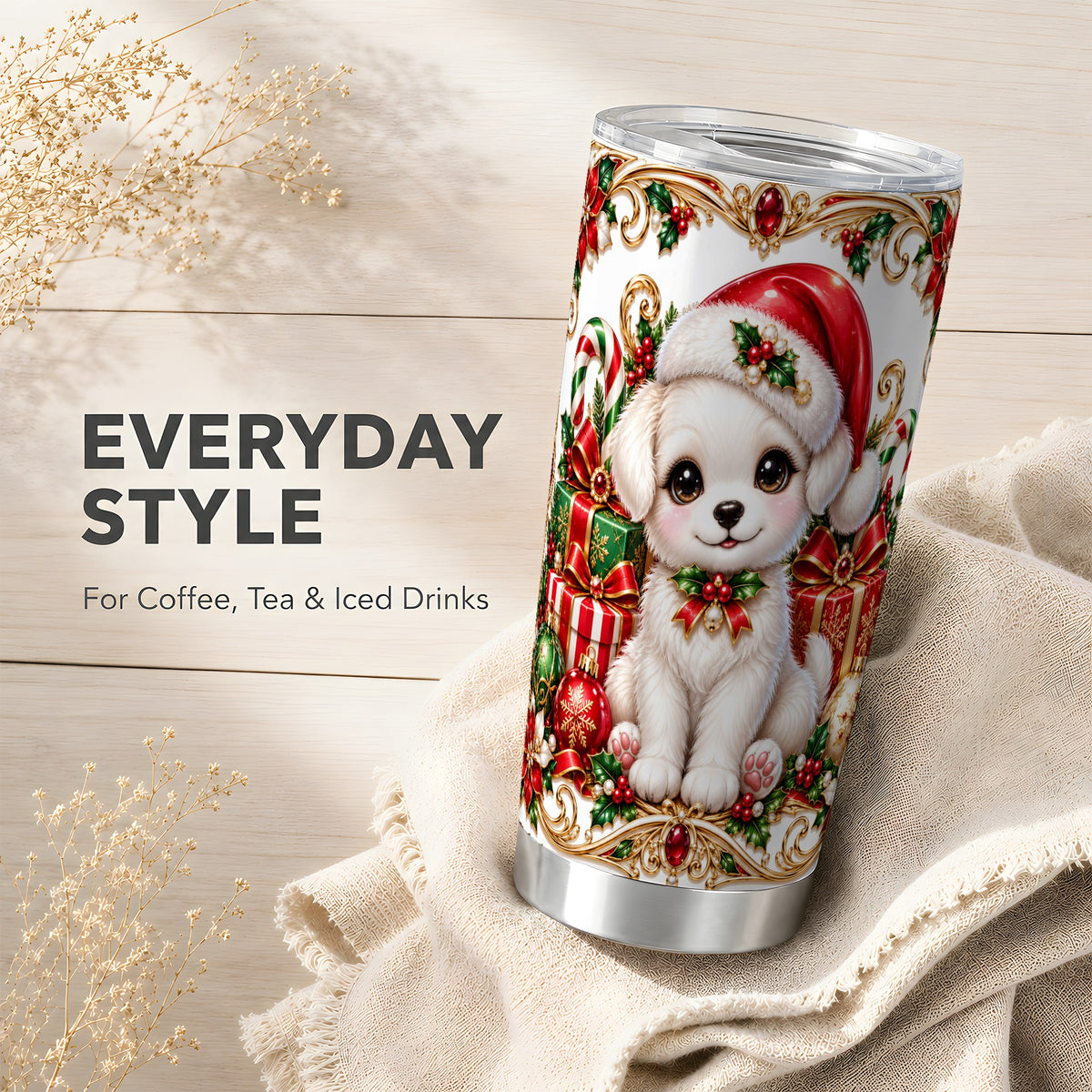 Christmas Puppy 20oz Tumbler, Stainless Steel Holiday Travel Cup
