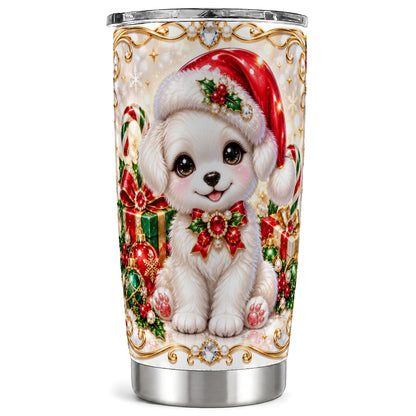 Christmas Puppy Tumbler 20oz, Santa Dog Tumbler, Stainless Steel Travel Cup