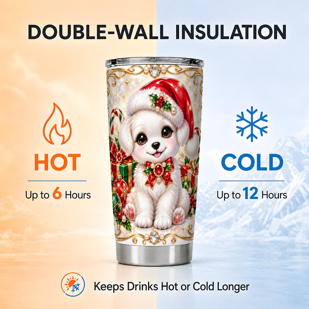 Christmas Puppy Tumbler 20oz, Santa Dog Tumbler, Stainless Steel Travel Cup