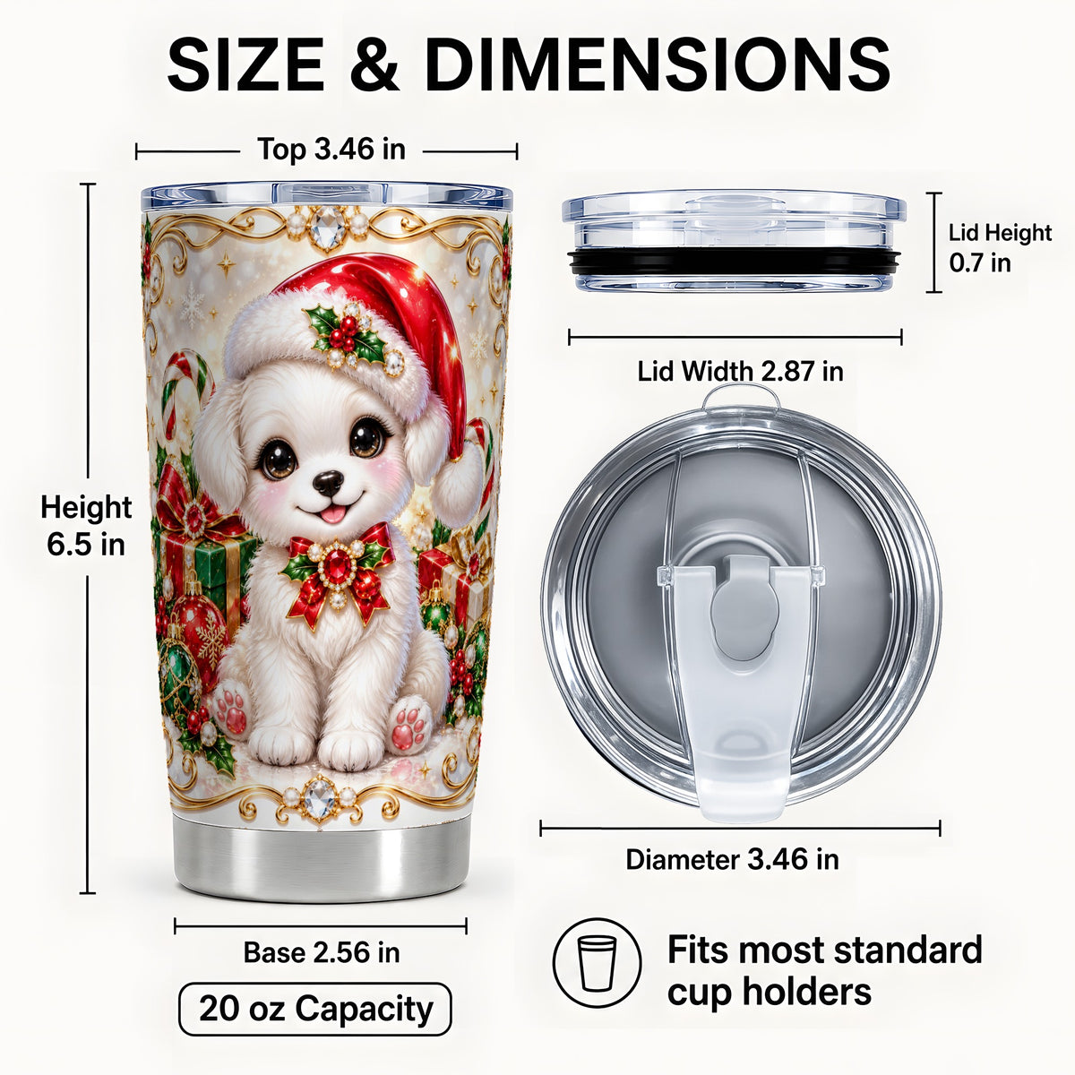 #pl[20oz|Steel] Christmas Puppy Tumbler 20oz, Santa Dog Tumbler, Stainless Steel Travel Cup