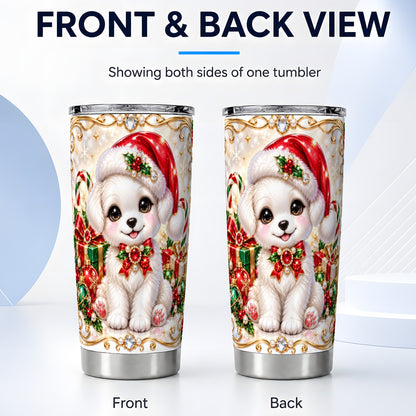 #pl[20oz|Steel] Christmas Puppy Tumbler 20oz, Santa Dog Tumbler, Stainless Steel Travel Cup
