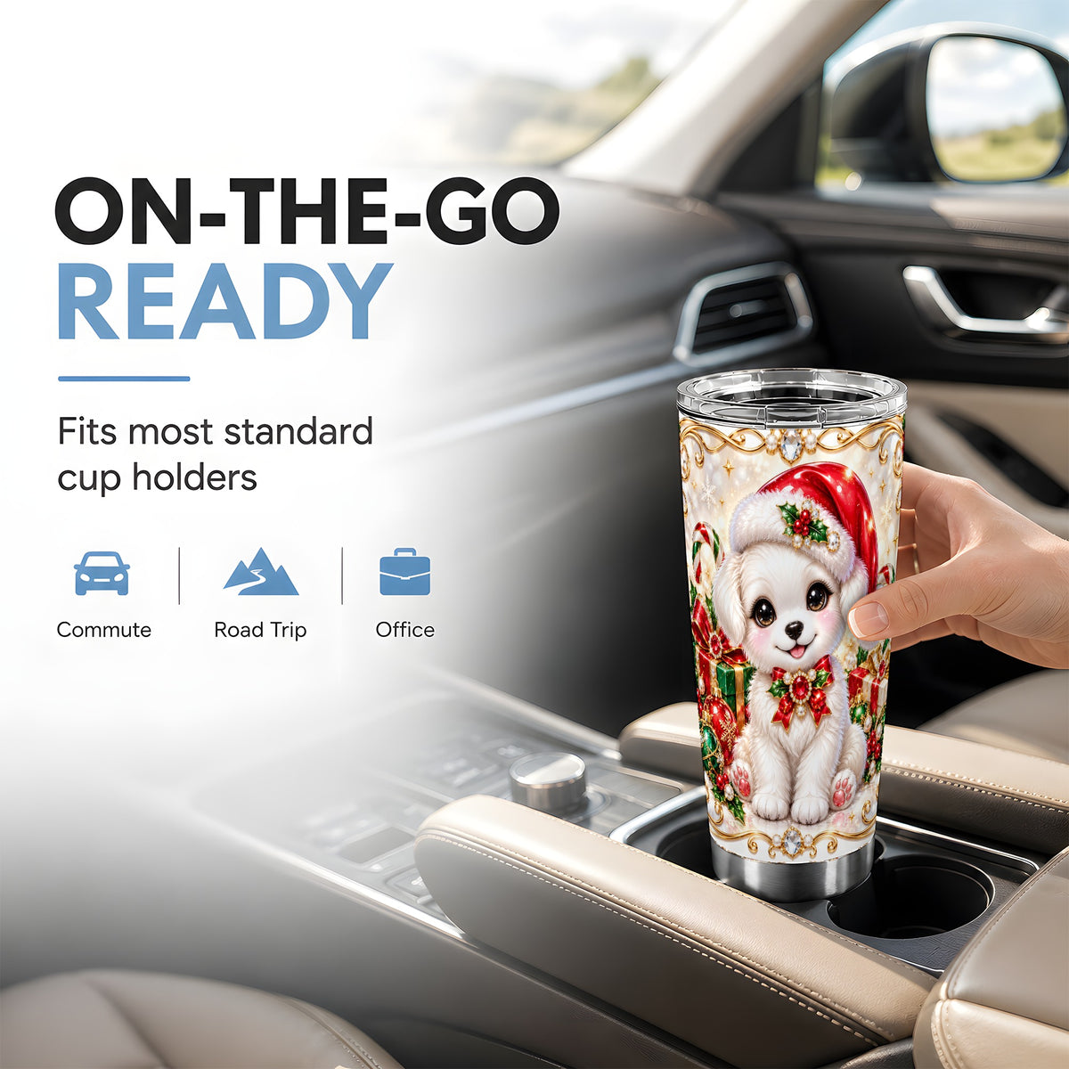 Christmas Puppy Tumbler 20oz, Santa Dog Tumbler, Stainless Steel Travel Cup