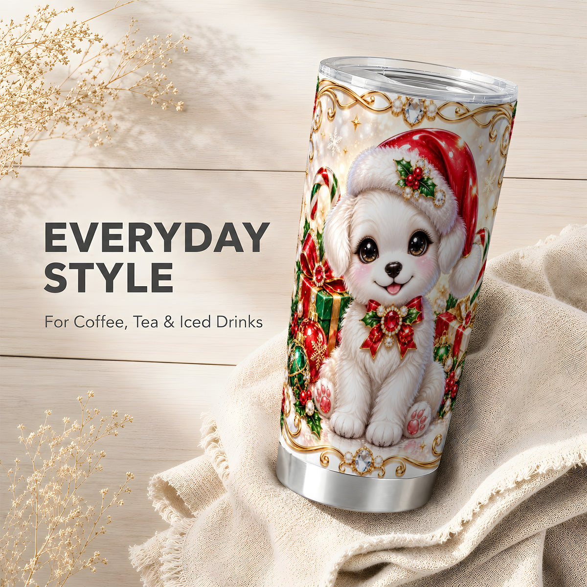 Christmas Puppy Tumbler 20oz, Santa Dog Tumbler, Stainless Steel Travel Cup