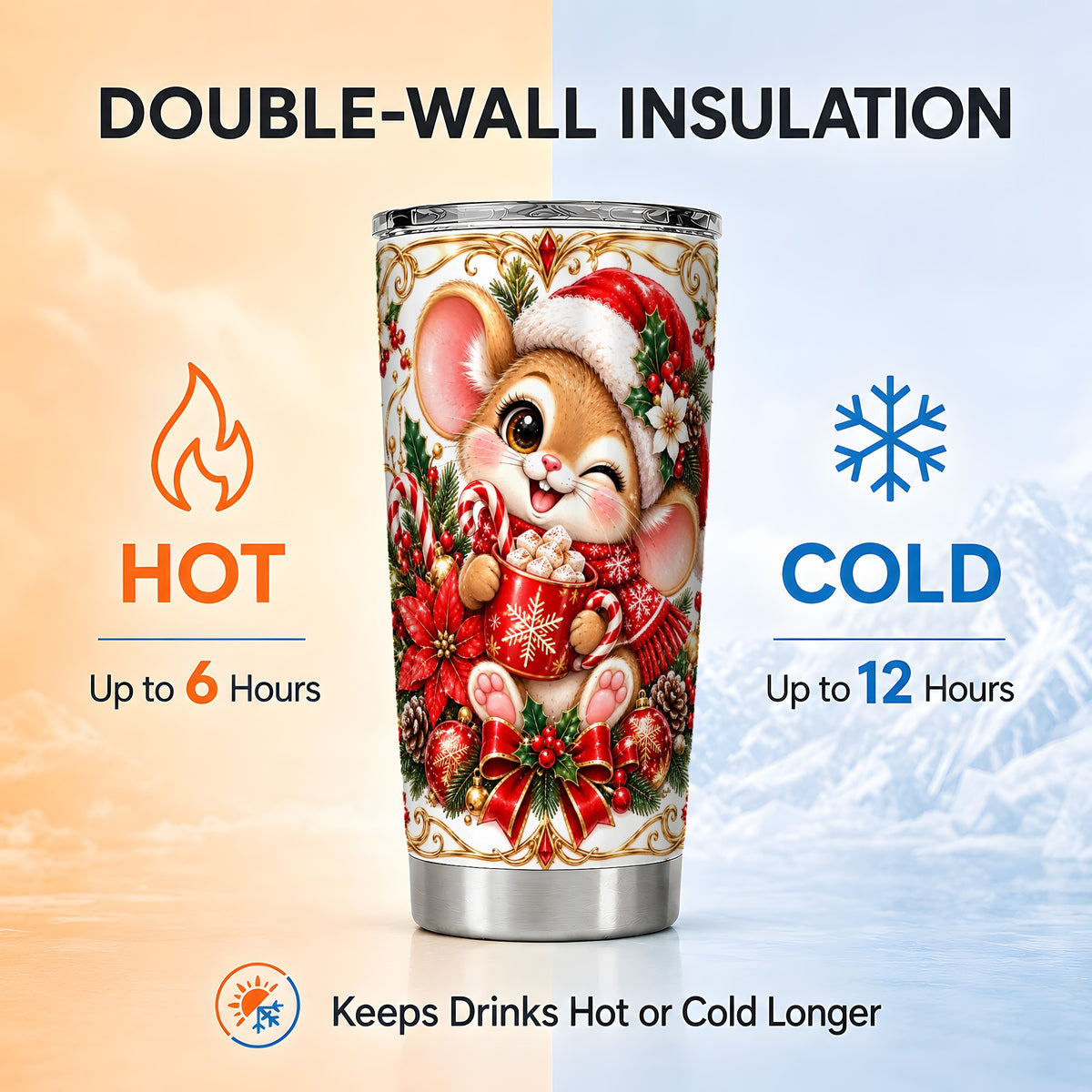 Christmas Mouse Tumbler 20oz, Cocoa Tumbler, Stainless Steel Travel Cup