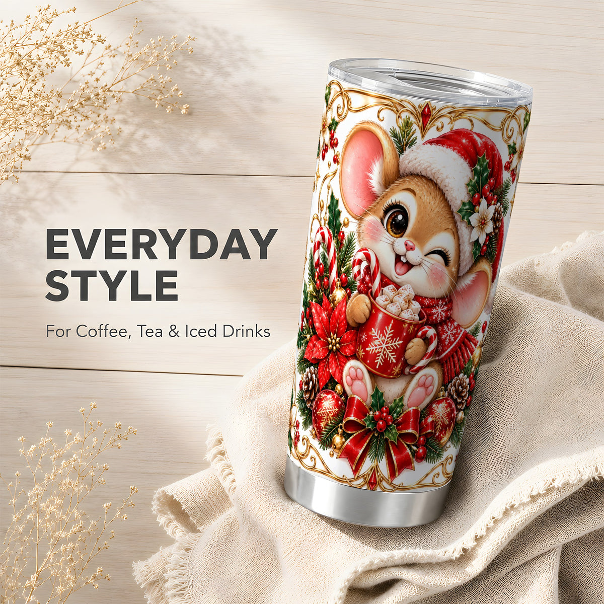 Christmas Mouse Tumbler 20oz, Cocoa Tumbler, Stainless Steel Travel Cup