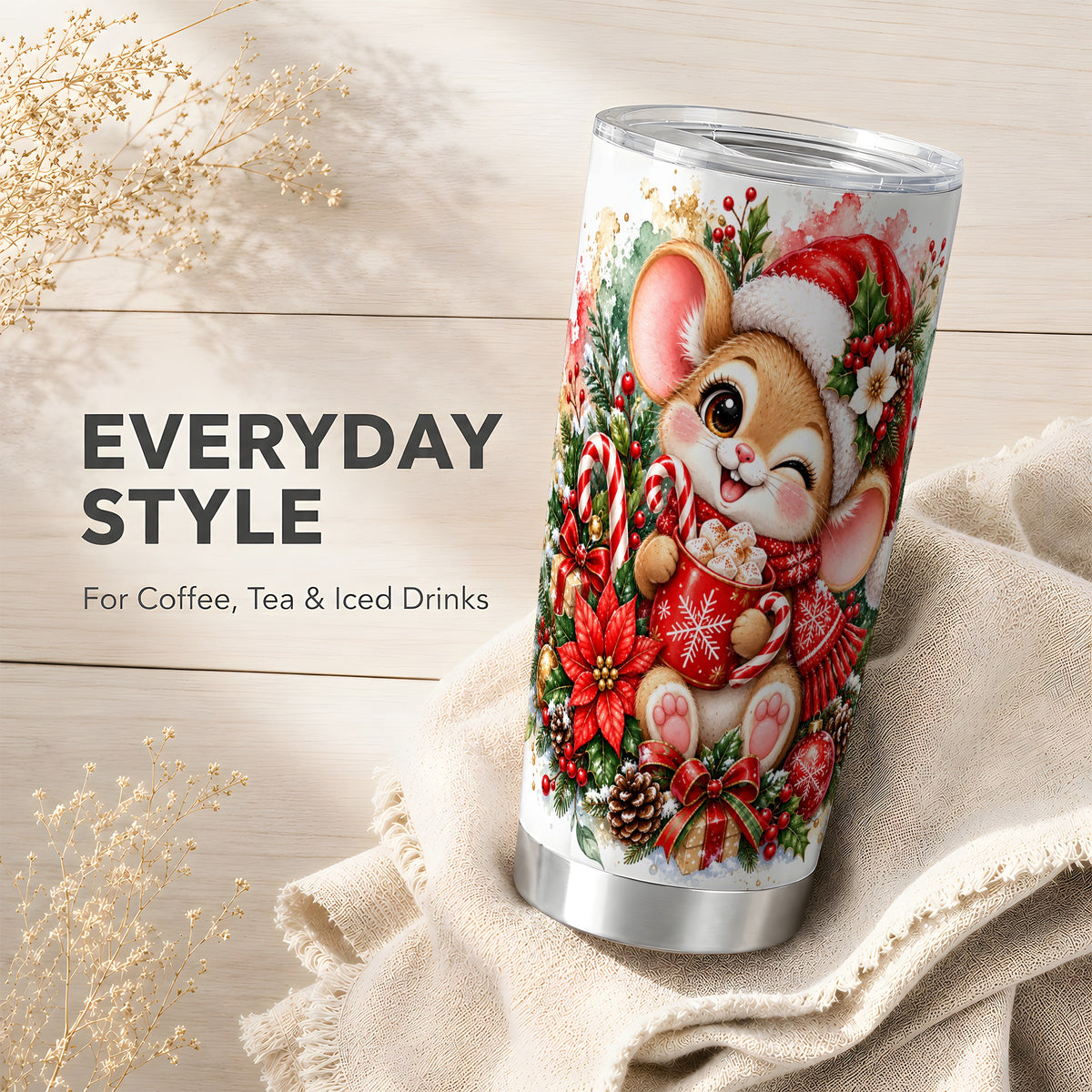 Watercolor Mouse Tumbler 20oz, Cocoa Tumbler, Stainless Steel Travel Cup