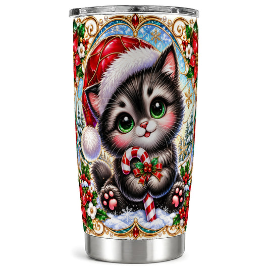 Christmas Kitten Tumbler 20oz, Cat Tumbler, Stainless Steel Travel Cup