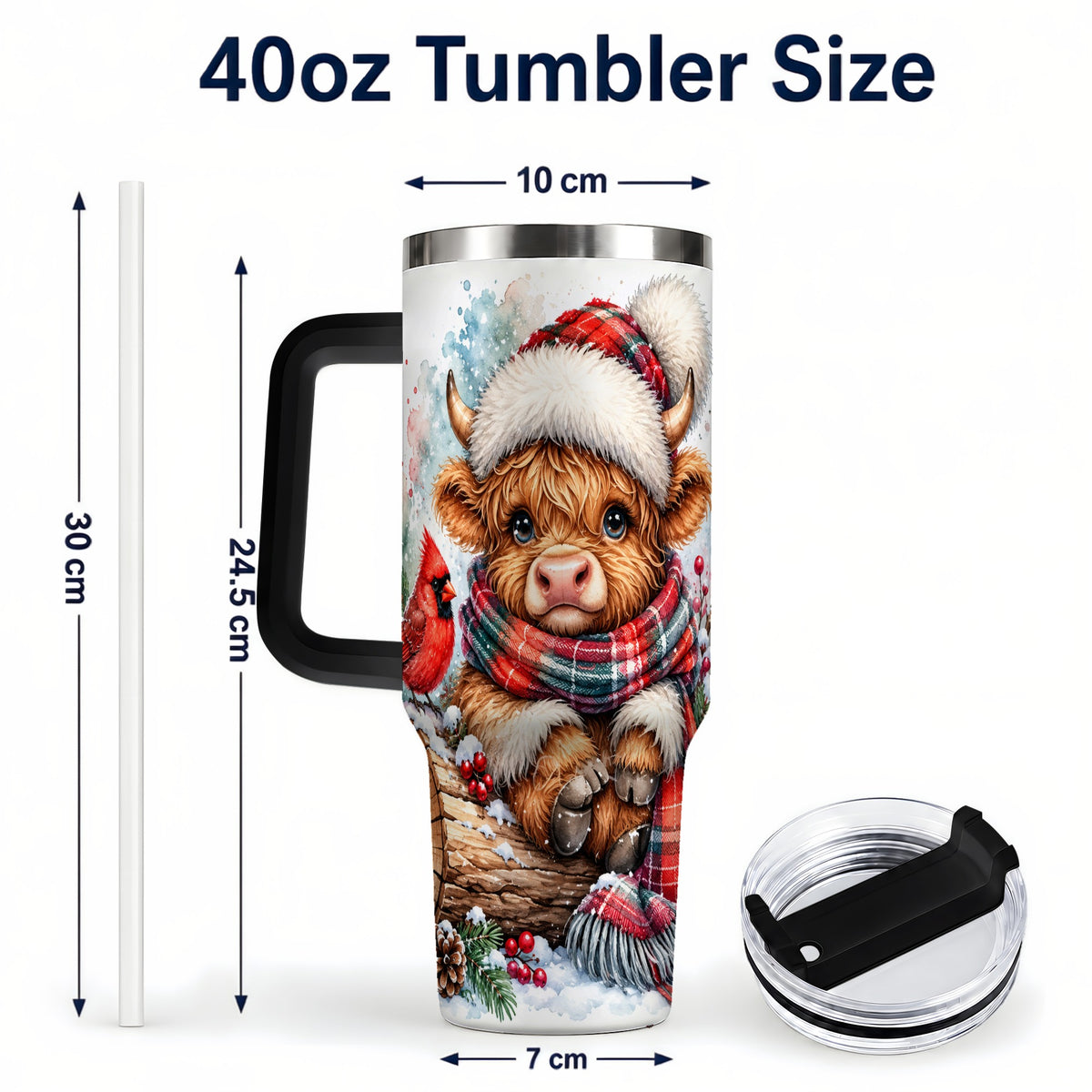 #pl[40oz|Black] Christmas Highland Cow 40oz Tumbler with Handle, Winter Travel Cup