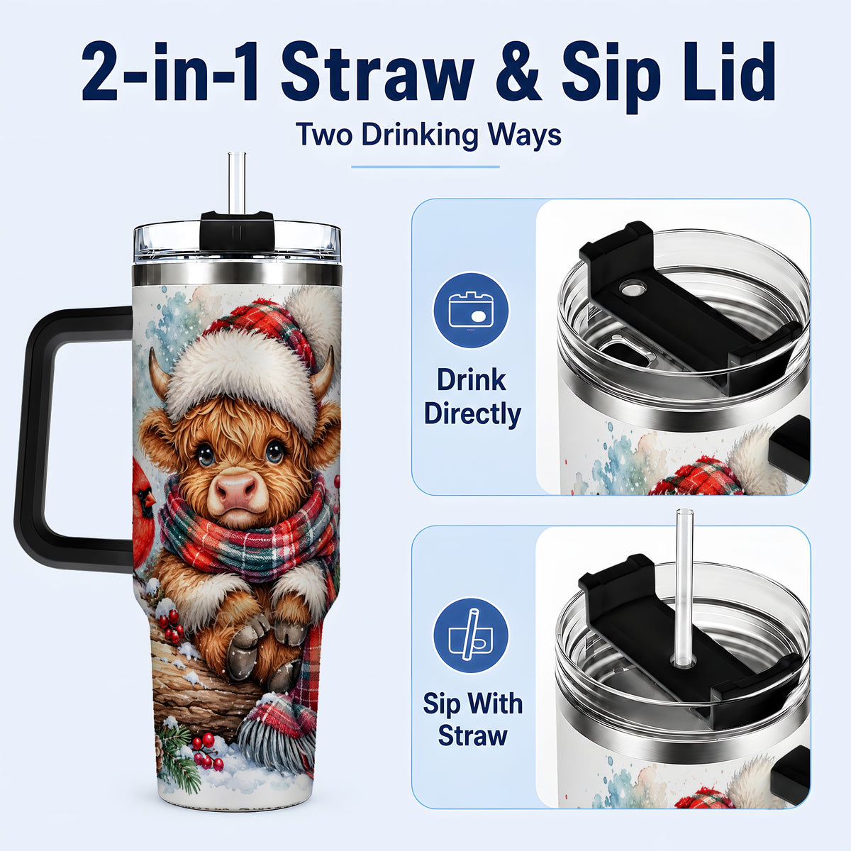 #pl[40oz|Black] Christmas Highland Cow 40oz Tumbler with Handle, Winter Travel Cup