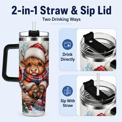 #pl[40oz|Black] Christmas Highland Cow 40oz Tumbler with Handle, Winter Travel Cup
