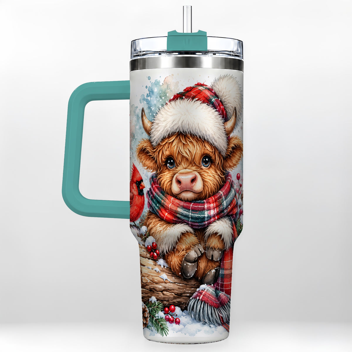 #pl[40oz|Green] Christmas Highland Cow 40oz Tumbler with Handle, Winter Travel Cup