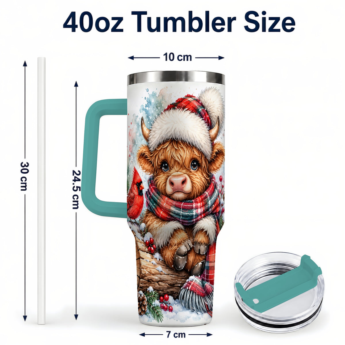 #pl[40oz|Green] Christmas Highland Cow 40oz Tumbler with Handle, Winter Travel Cup