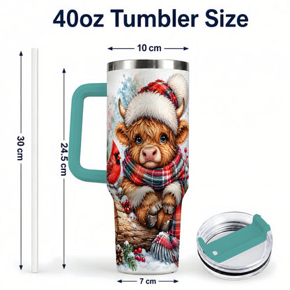 #pl[40oz|Green] Christmas Highland Cow 40oz Tumbler with Handle, Winter Travel Cup