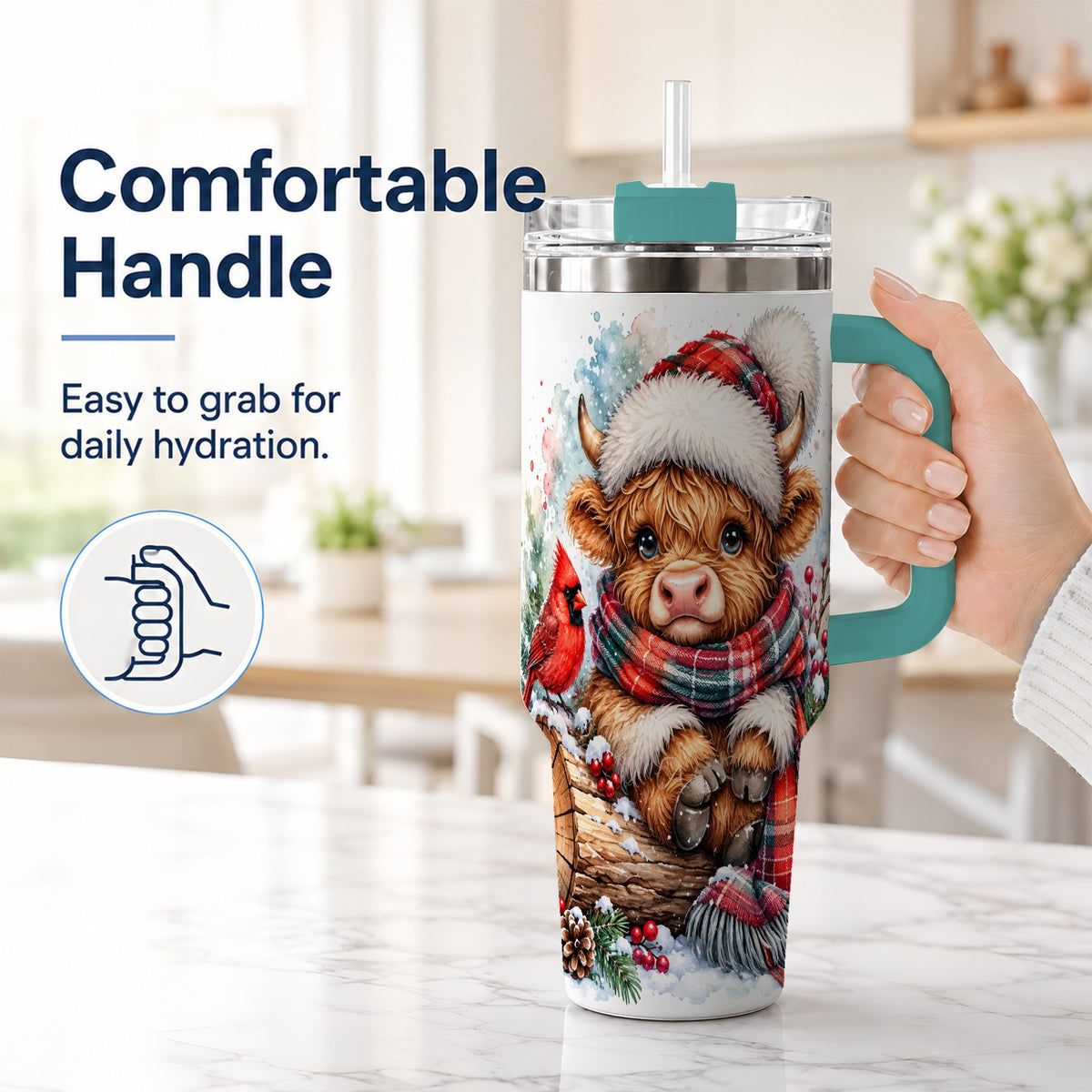 #pl[40oz|Green] Christmas Highland Cow 40oz Tumbler with Handle, Winter Travel Cup
