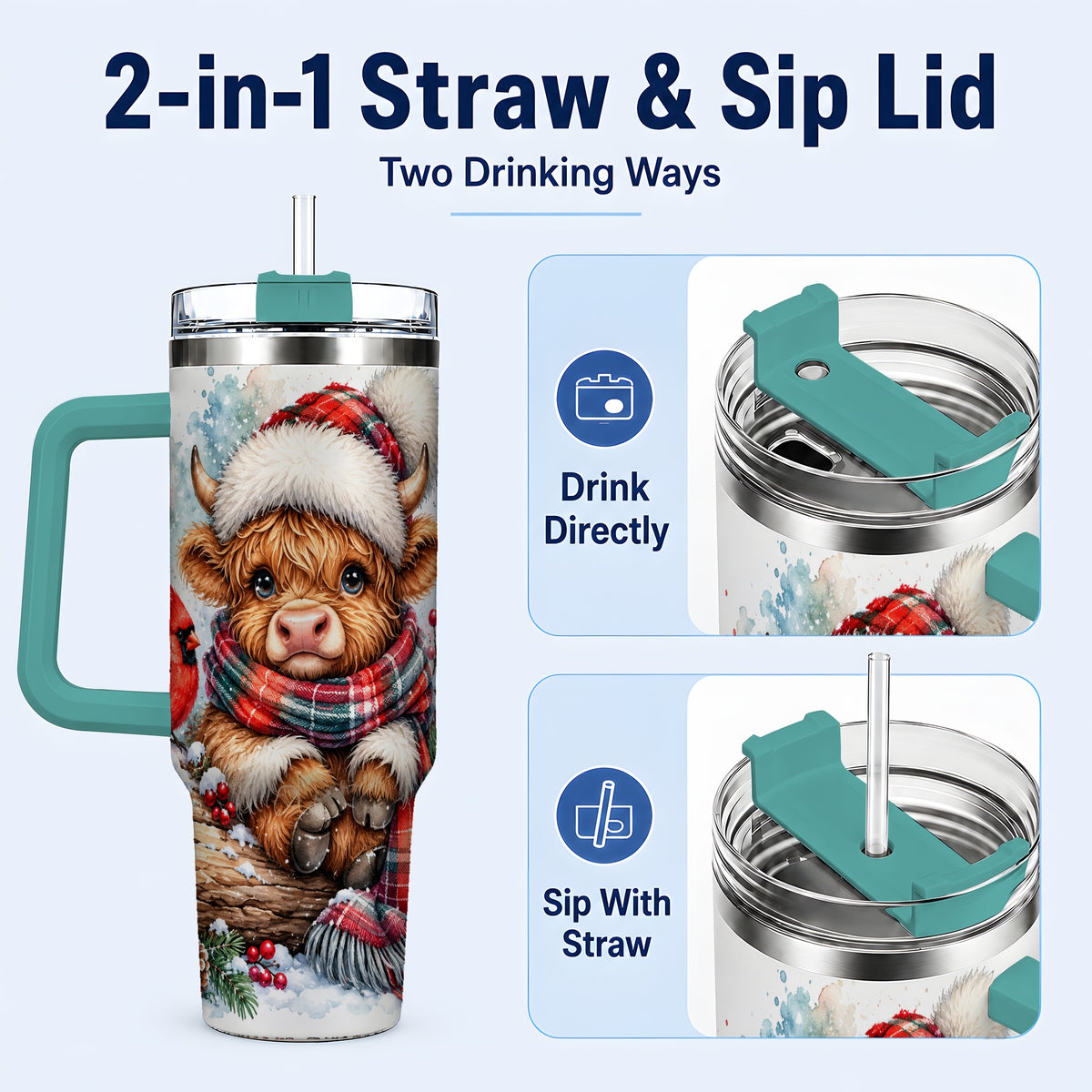 #pl[40oz|Green] Christmas Highland Cow 40oz Tumbler with Handle, Winter Travel Cup
