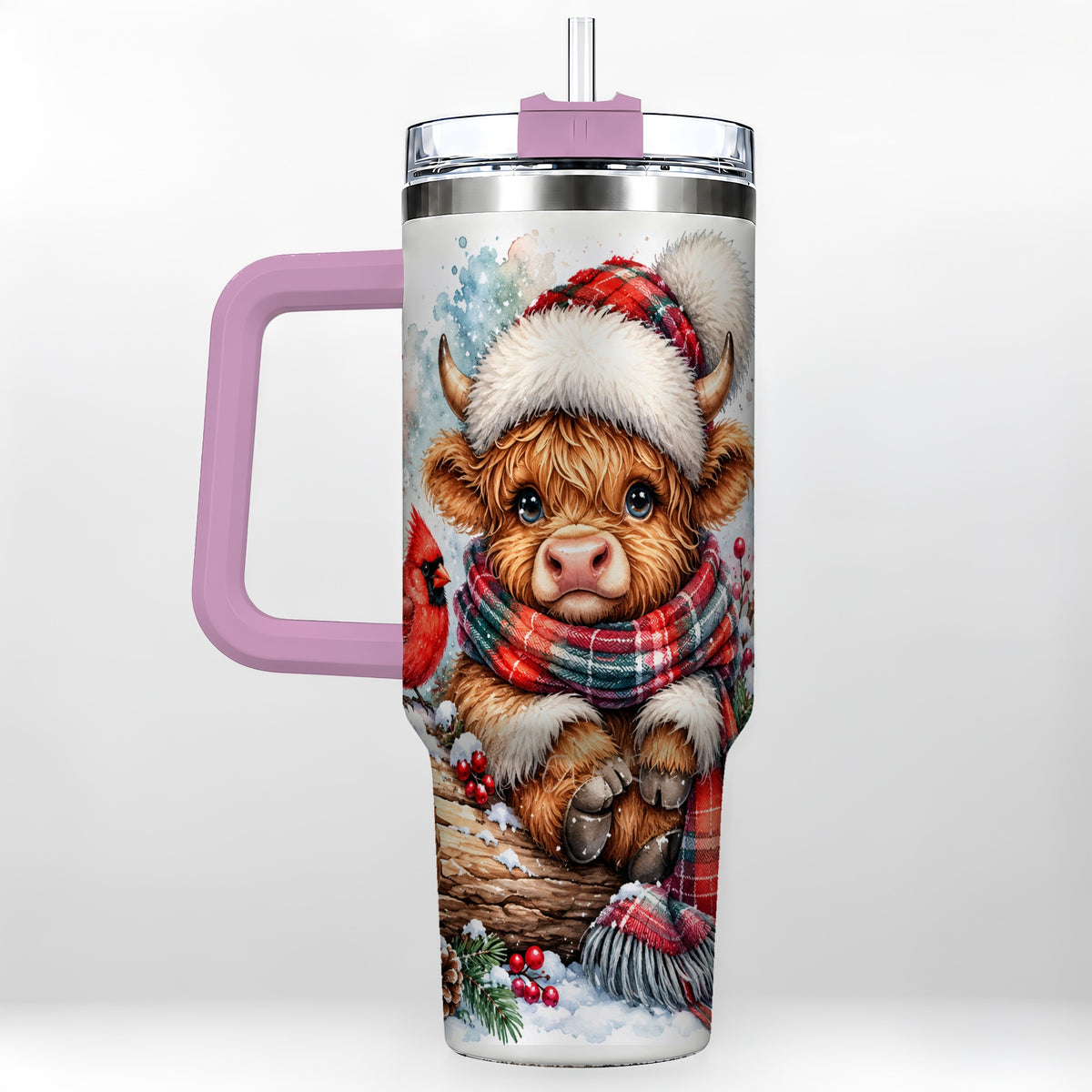 #pl[40oz|Pink] Christmas Highland Cow 40oz Tumbler with Handle, Winter Travel Cup