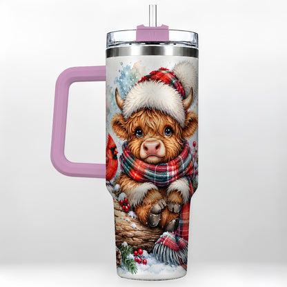 #pl[40oz|Pink] Christmas Highland Cow 40oz Tumbler with Handle, Winter Travel Cup