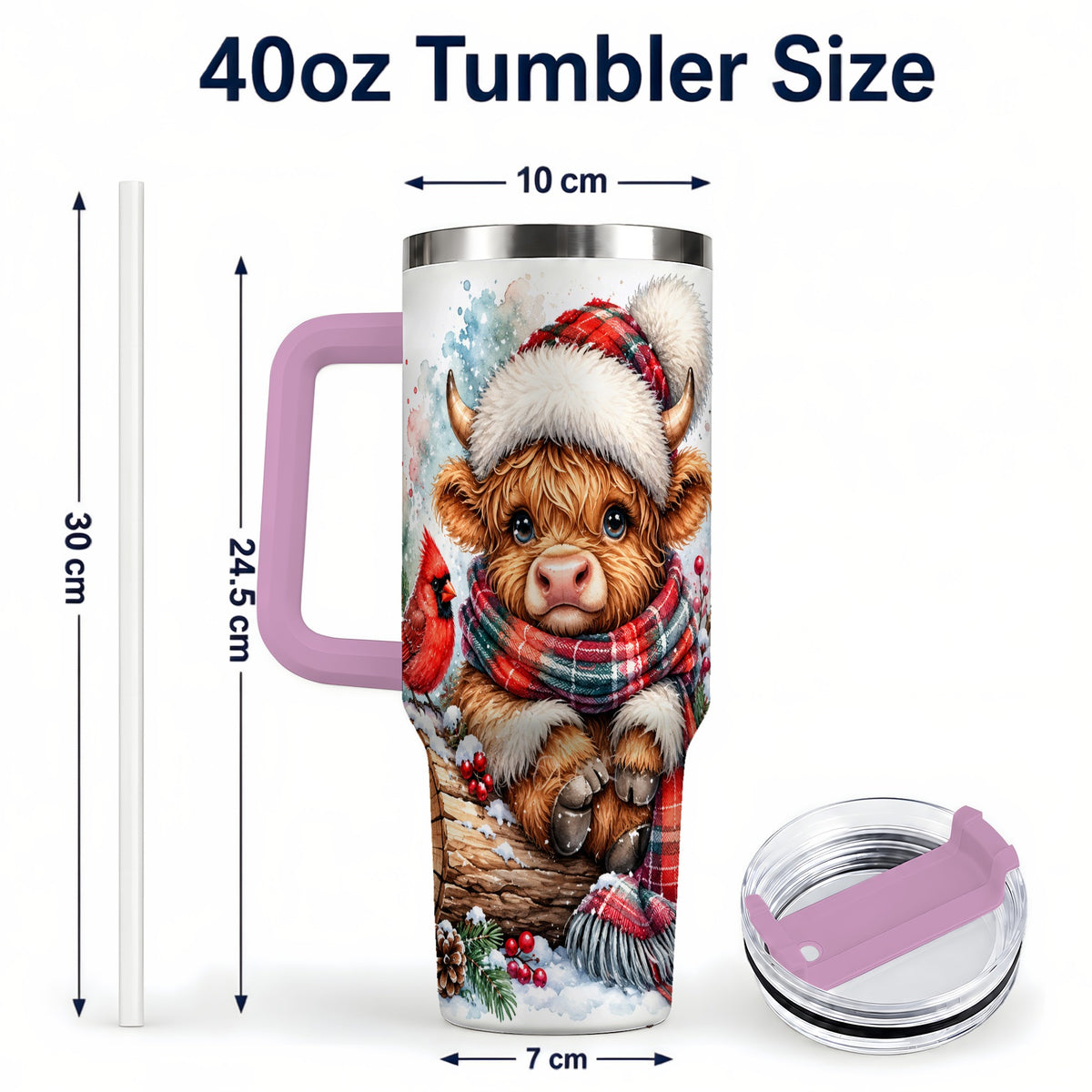 #pl[40oz|Pink] Christmas Highland Cow 40oz Tumbler with Handle, Winter Travel Cup