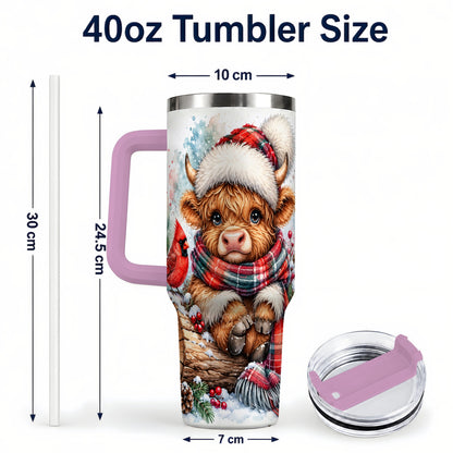 #pl[40oz|Pink] Christmas Highland Cow 40oz Tumbler with Handle, Winter Travel Cup
