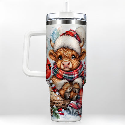 Christmas Highland Cow 40oz Tumbler with Handle, Winter Travel Cup