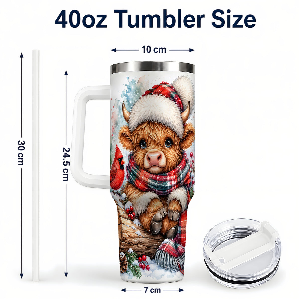 #pl[40oz|White] Christmas Highland Cow 40oz Tumbler with Handle, Winter Travel Cup