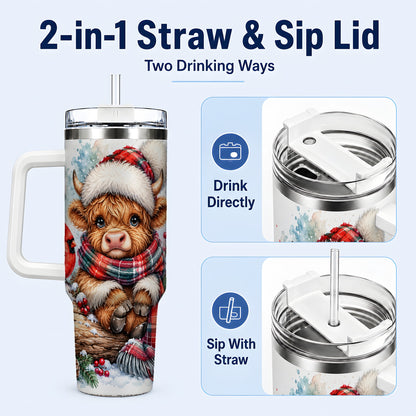 #pl[40oz|White] Christmas Highland Cow 40oz Tumbler with Handle, Winter Travel Cup