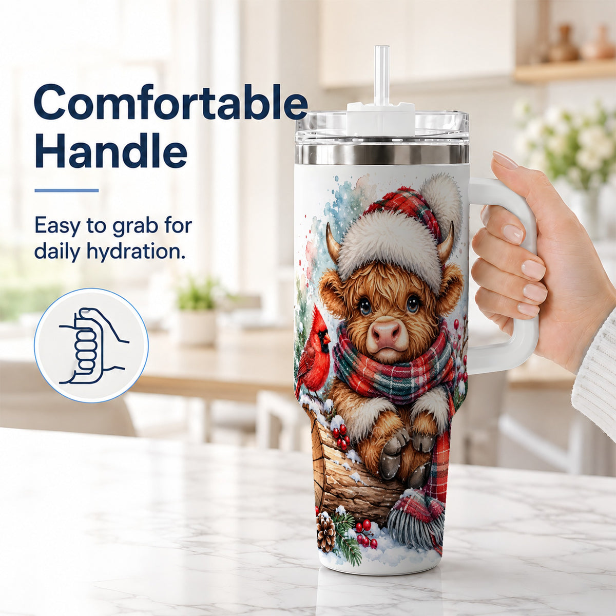 #pl[40oz|White] Christmas Highland Cow 40oz Tumbler with Handle, Winter Travel Cup