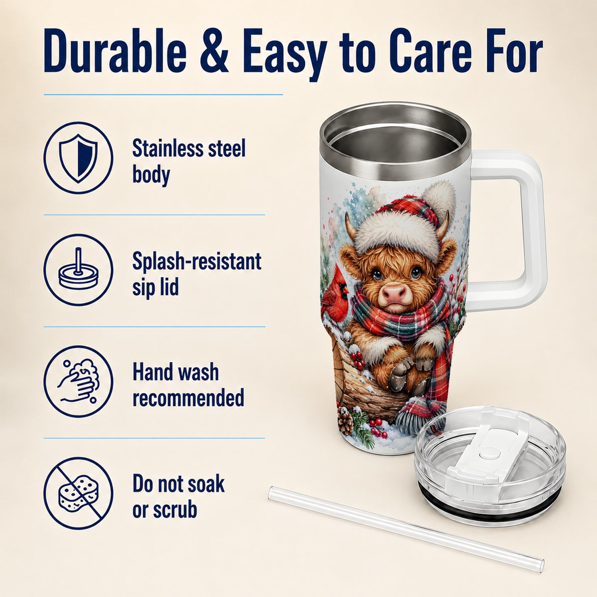 Christmas Highland Cow 40oz Tumbler with Handle, Winter Travel Cup