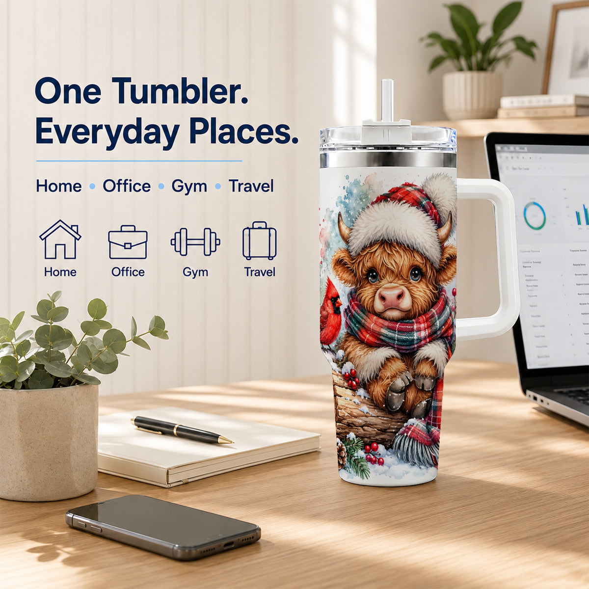 Christmas Highland Cow 40oz Tumbler with Handle, Winter Travel Cup