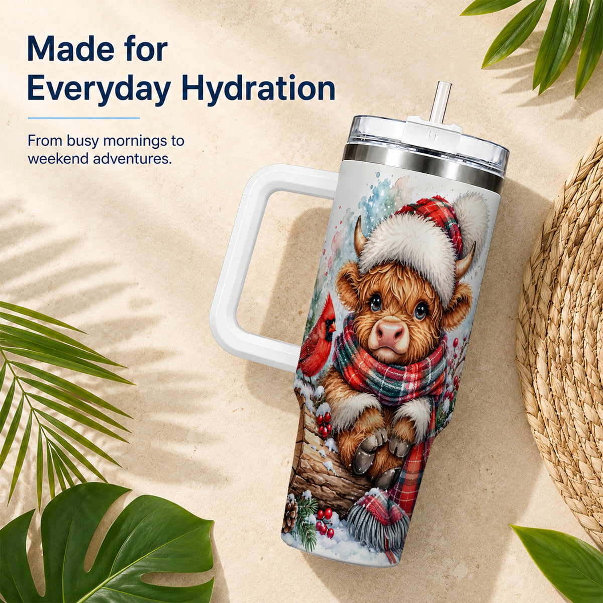 Christmas Highland Cow 40oz Tumbler with Handle, Winter Travel Cup