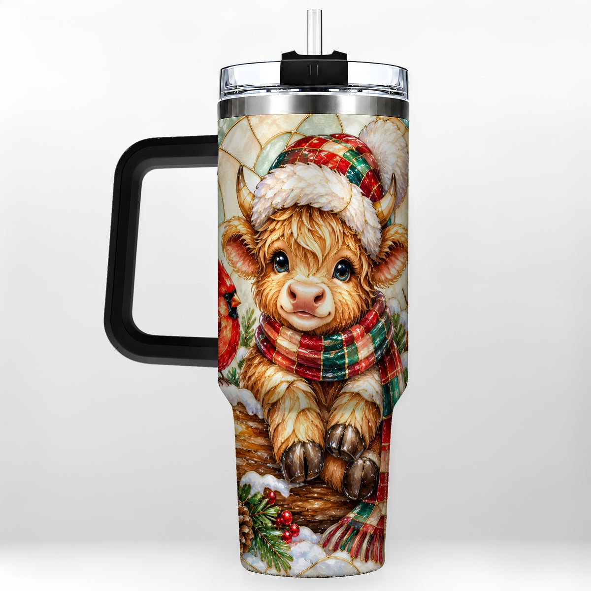 #pl[40oz|Black] Stained Glass Highland Cow 40oz Tumbler with Handle, Christmas Travel Cup