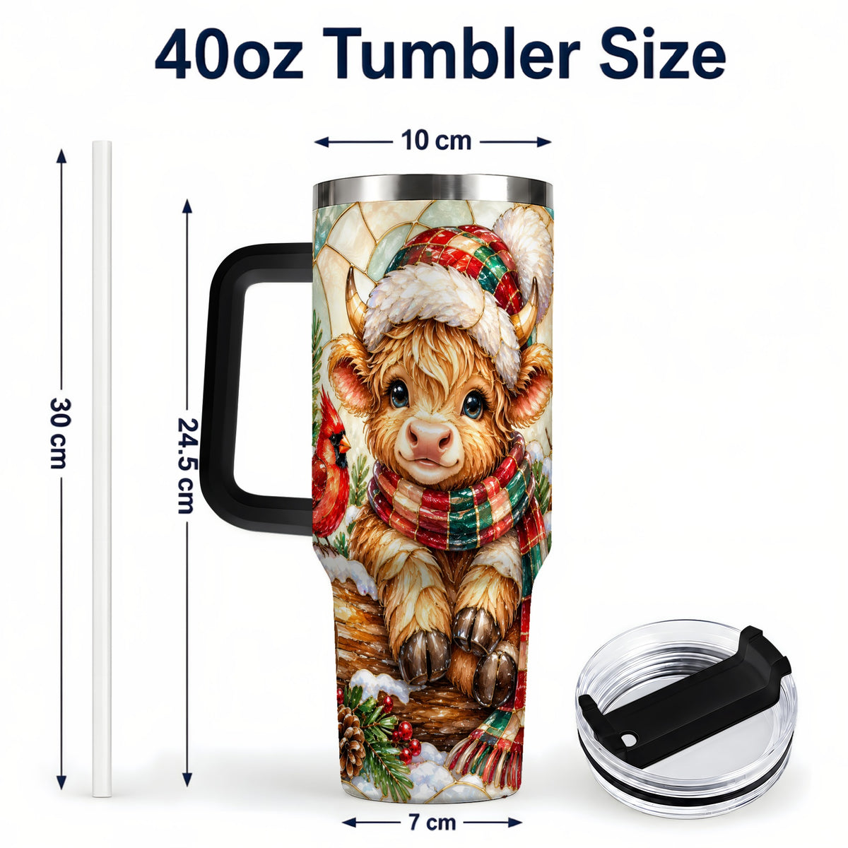 #pl[40oz|Black] Stained Glass Highland Cow 40oz Tumbler with Handle, Christmas Travel Cup